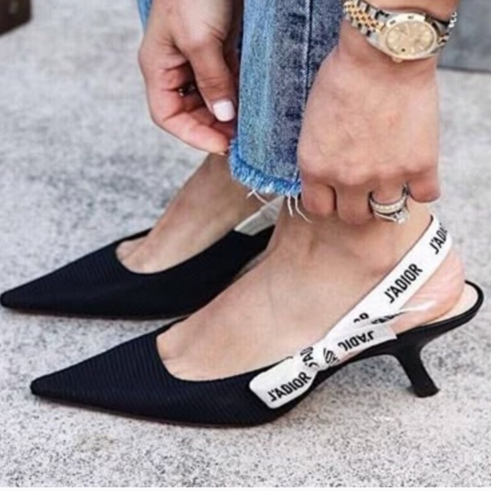 Designer J'Adior Slingback Kitten Heel Pump in Black Technical Fabric Size 7.5